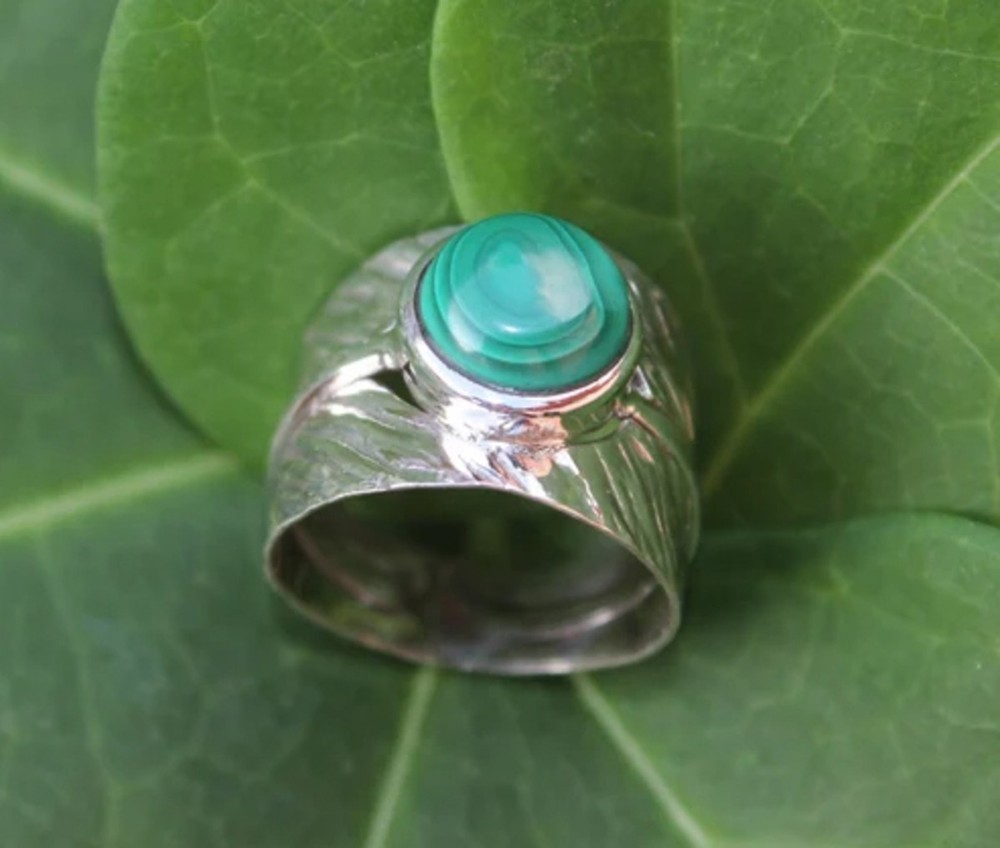Solid 925Sterling Silver Natural Malachite Gemstone Wide Leaf Textured Boho Ring