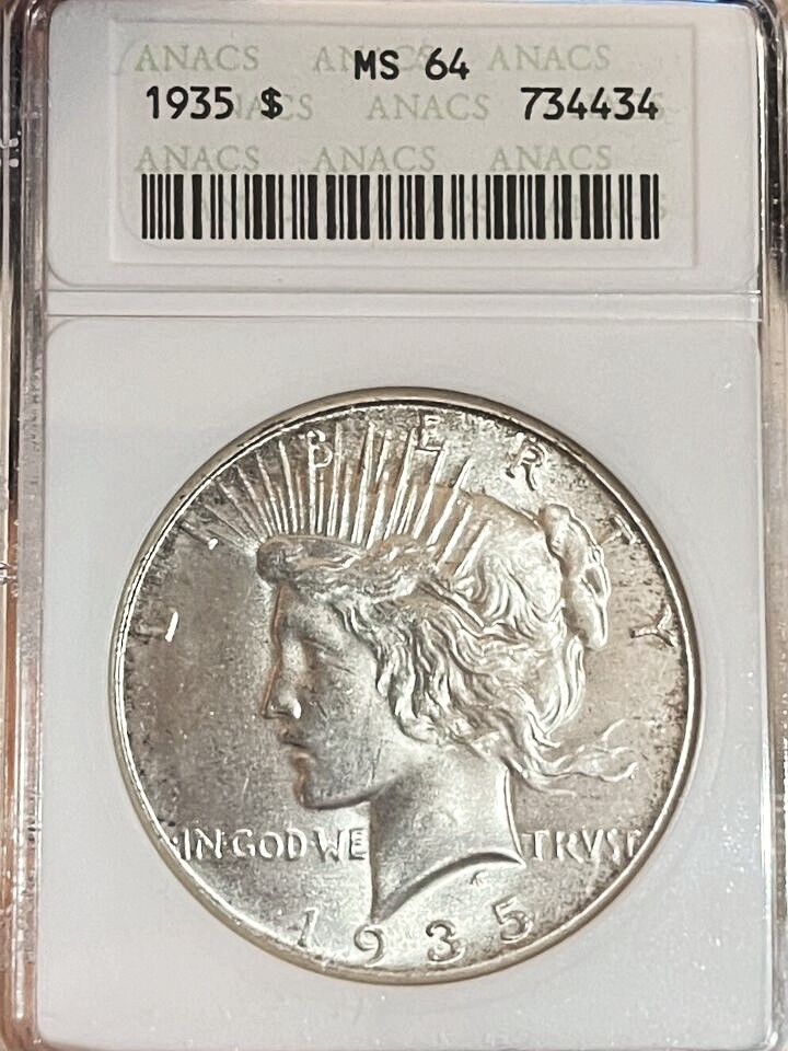 1935 Peace Silver Dollar ANACS MS64 Old Soapbox Holder