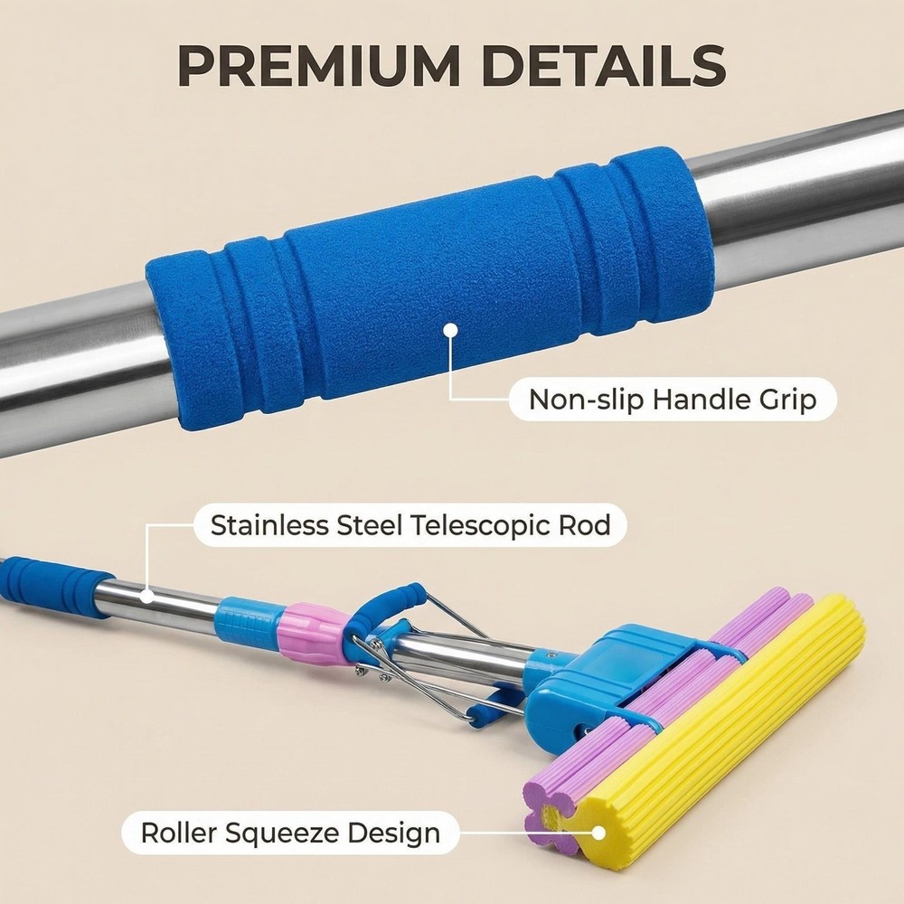 Sponge Mop with Extendable Stainless Steel Handle Absorbent for Bathroom Kitchen