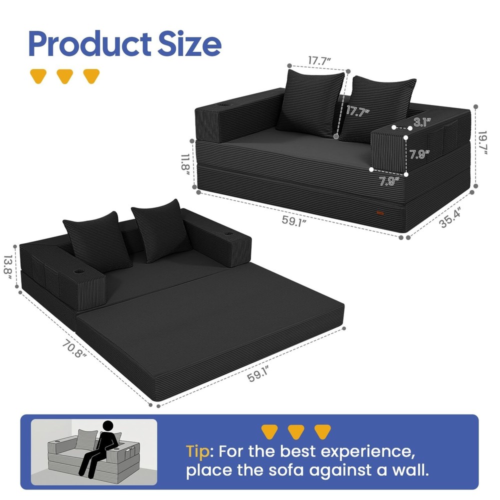 COMAX Futon Sofa Bed, 4‑in‑1 Convertible Sofa Bed, Folding Boneless