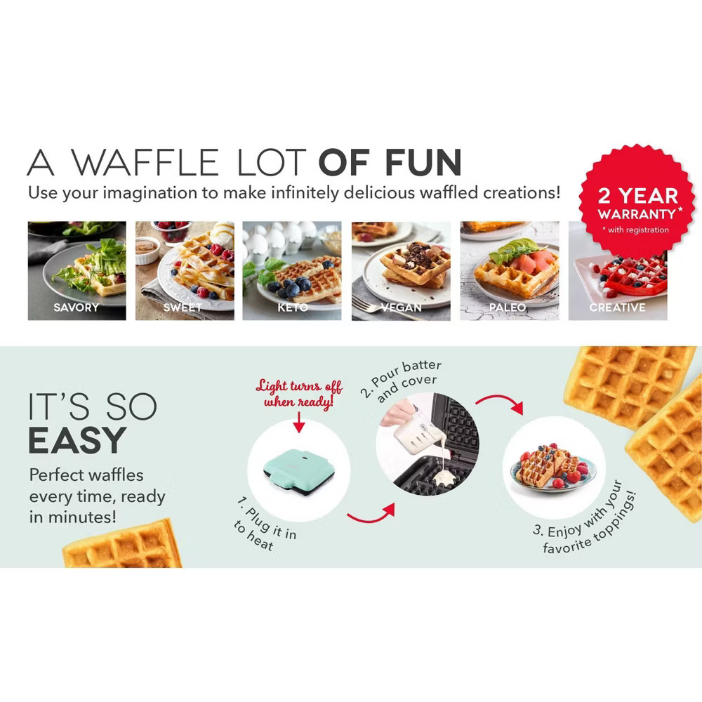Dash No-Drip Waffle Maker Graphite Nonstick Belgian 1200W Surface 99 sq in