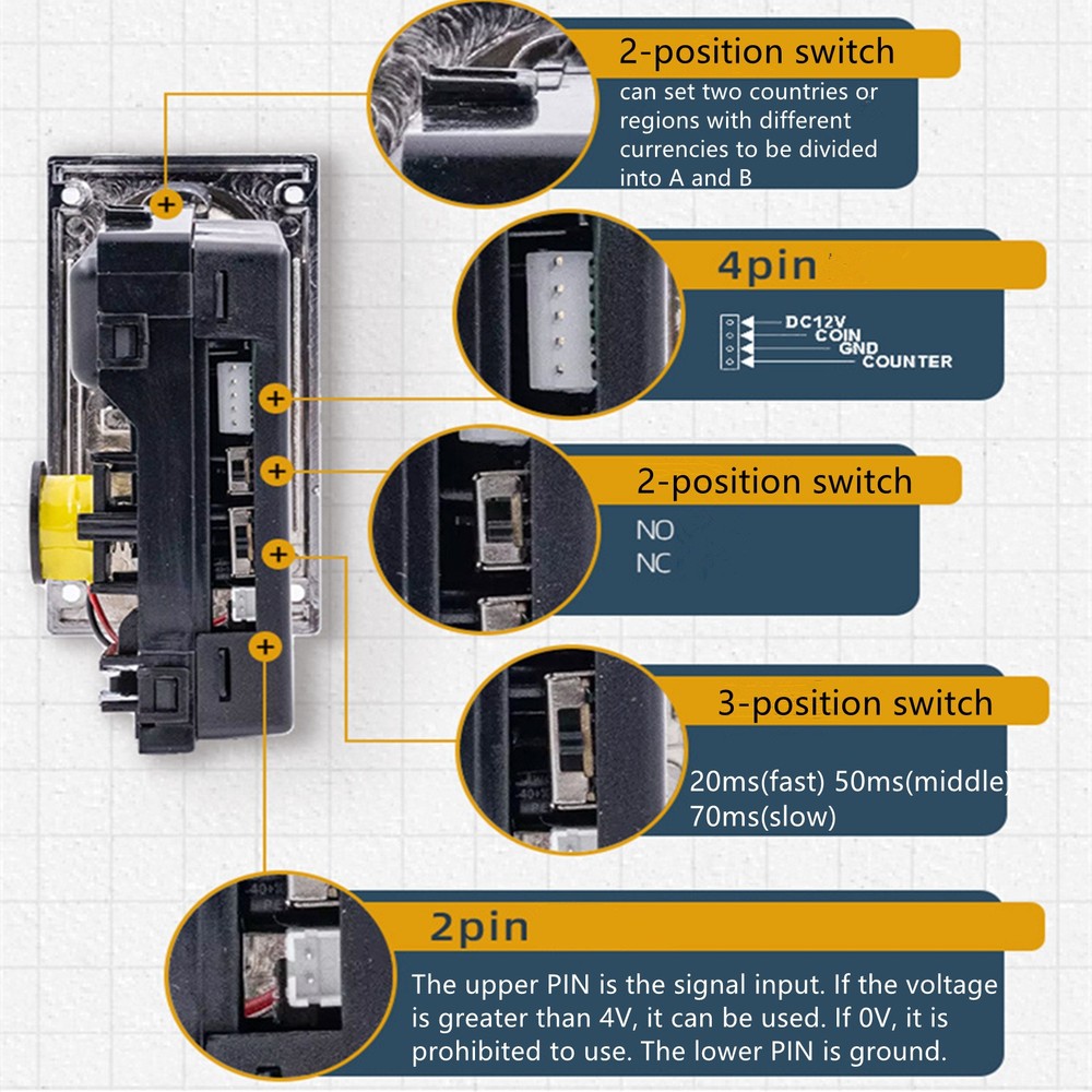 6 Multi Coins Token Acceptor Selector for Vending Machine Arcade Game 12 Volt