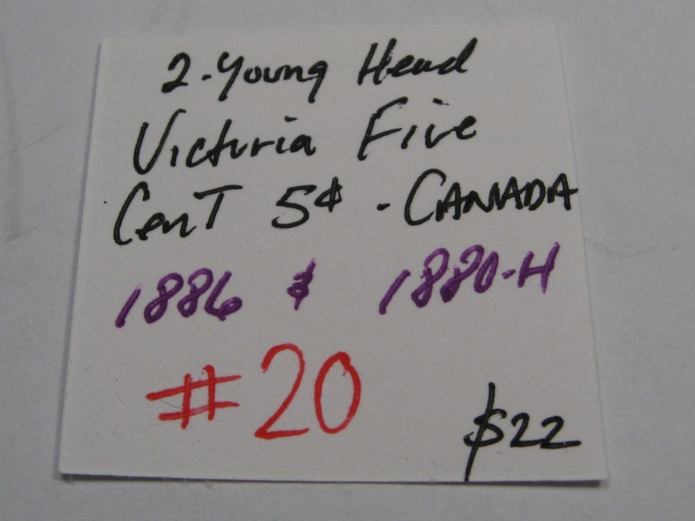 2 Young Head Victoria Five Cent 5¢ CANADA 1886 & 1880-H. #20