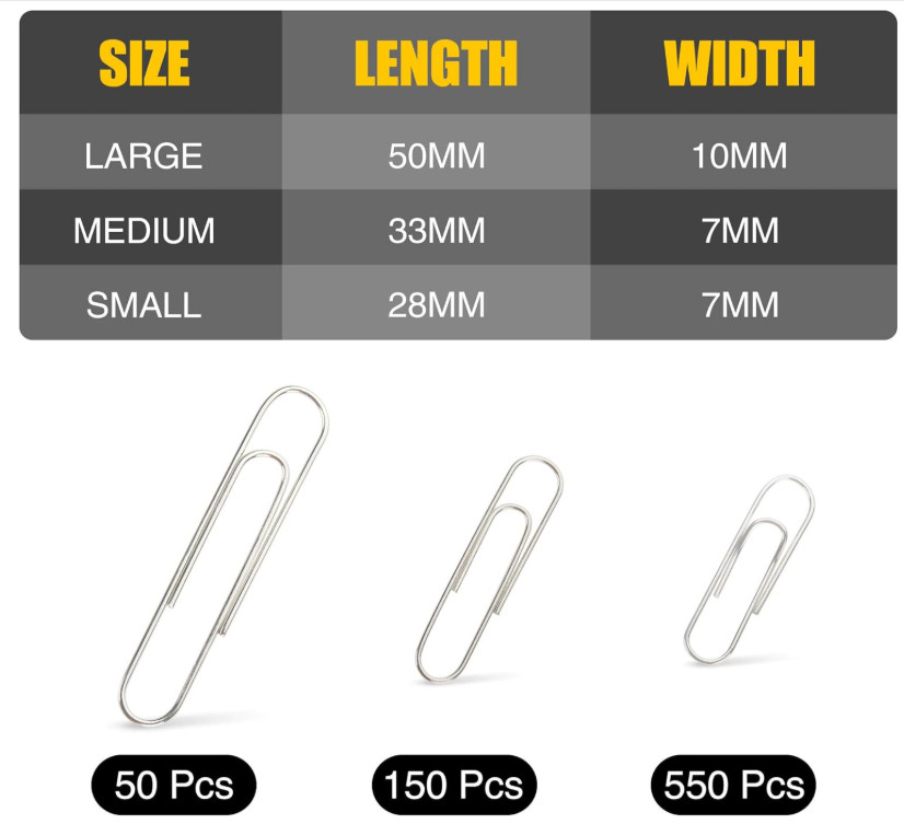 750 Paper Clips Assorted Sizes Small, Medium and Large Sizes, Silver