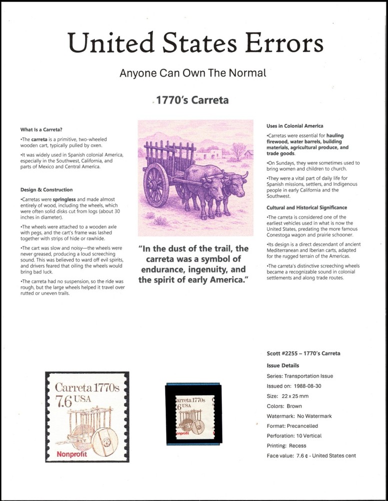 Perfectly Flawed SN 2255 MNH  - Misperf on Custom Presentation Panel 8.5” X 11”