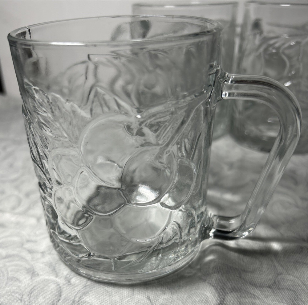 2 KIG Indonesia Clear Glass Grape & Leaf Pattern Cups Mugs 4"
