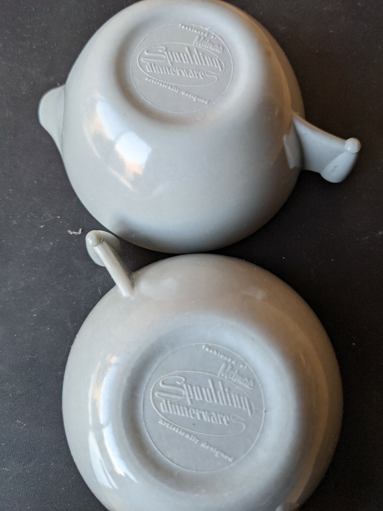 SPAULDING DINNERWARE. MELMAC SUGER, CREAMER SET IN GREY. MISSING LID.