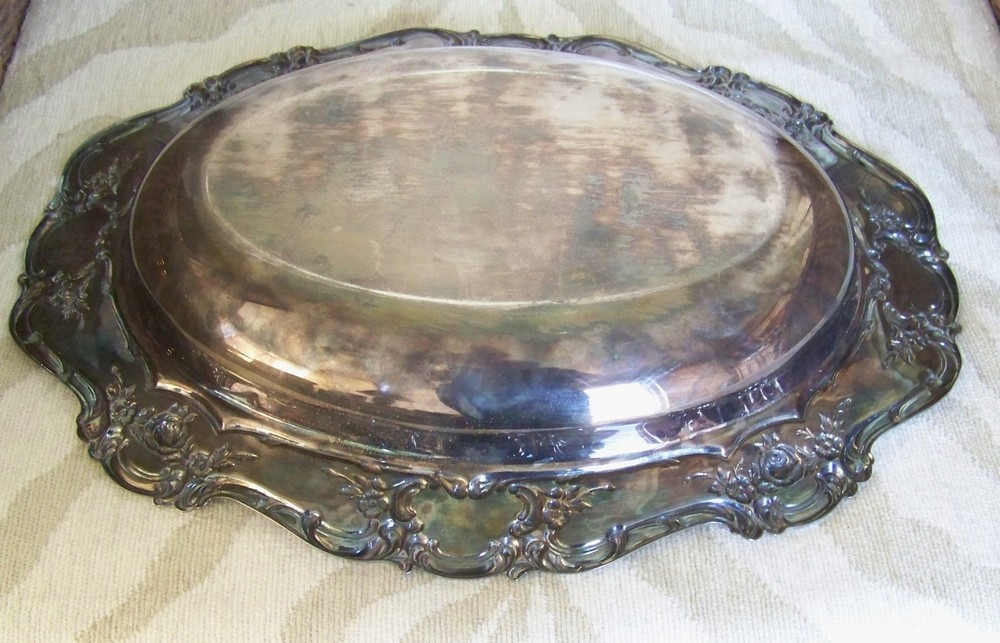 Vtg TOWLE SILVERPLATE OVAL Serving Tray ROSEBUD SCROLLWORK & PYREX Baking Dish