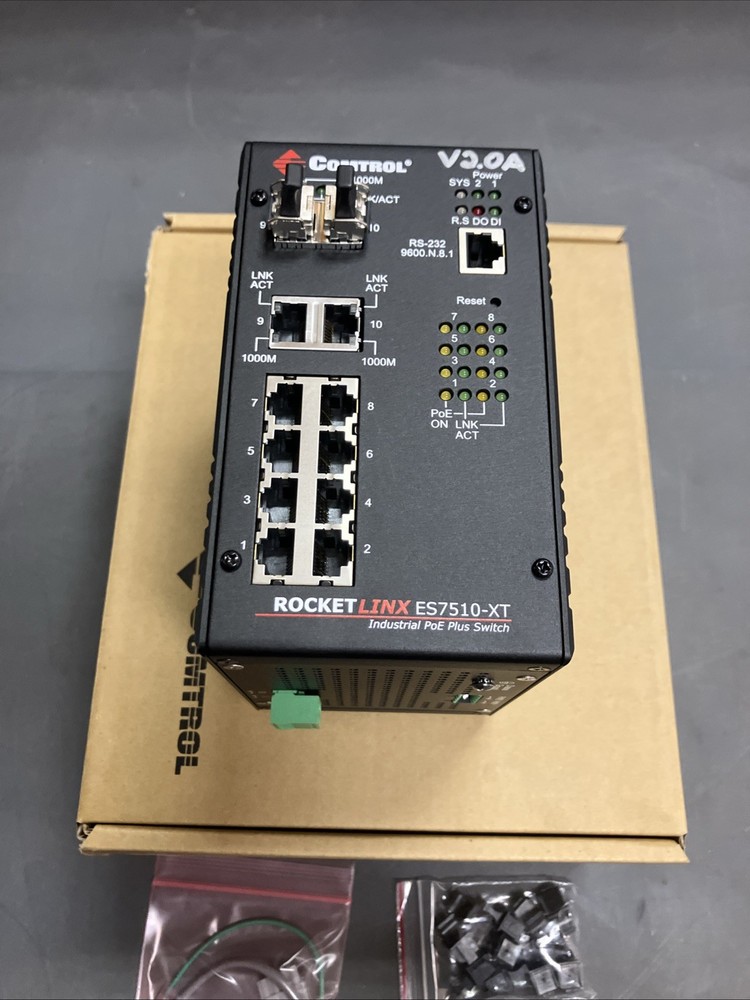 Rocket Linx ES7510-XT Industrial Managed PoE Plus Switch 2 SFP Modules Installed