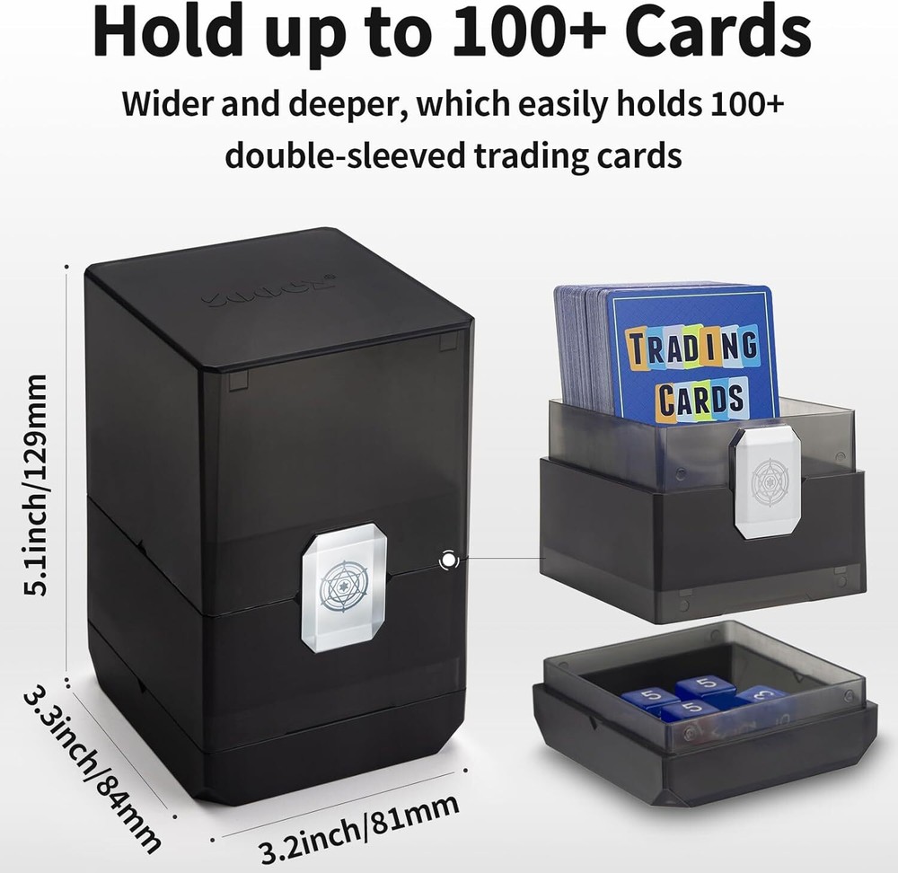 Deck Card Box for MTG & TCG, 100+ Deck Case, Dice Storage, Black