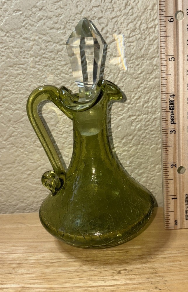 Vintage Green Crackle Glass Cruet Pulled Back Handle - Stopper