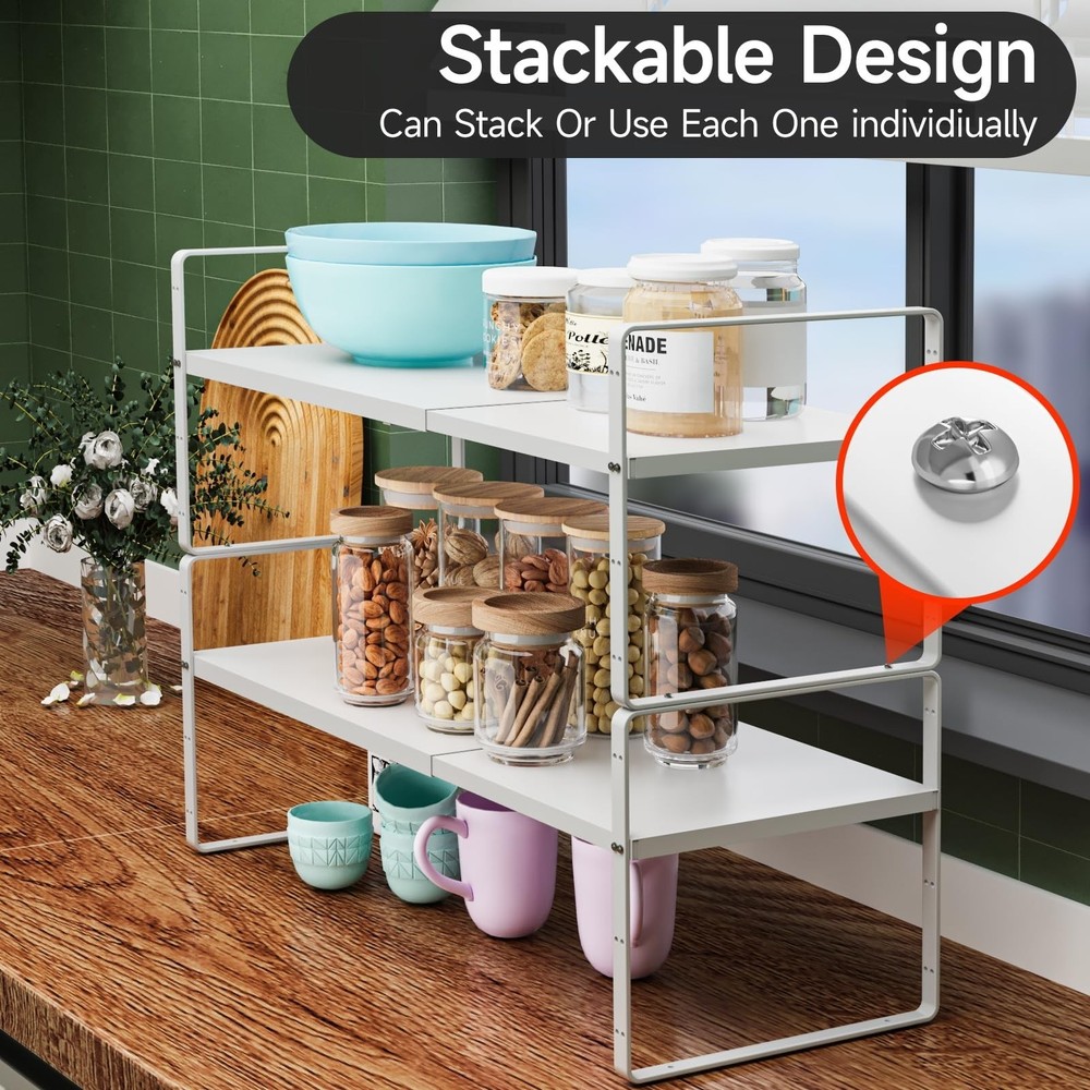 2Pack 16.5-27’’L Expandable Kitchen Shelf Organizer, Stackable Shelv