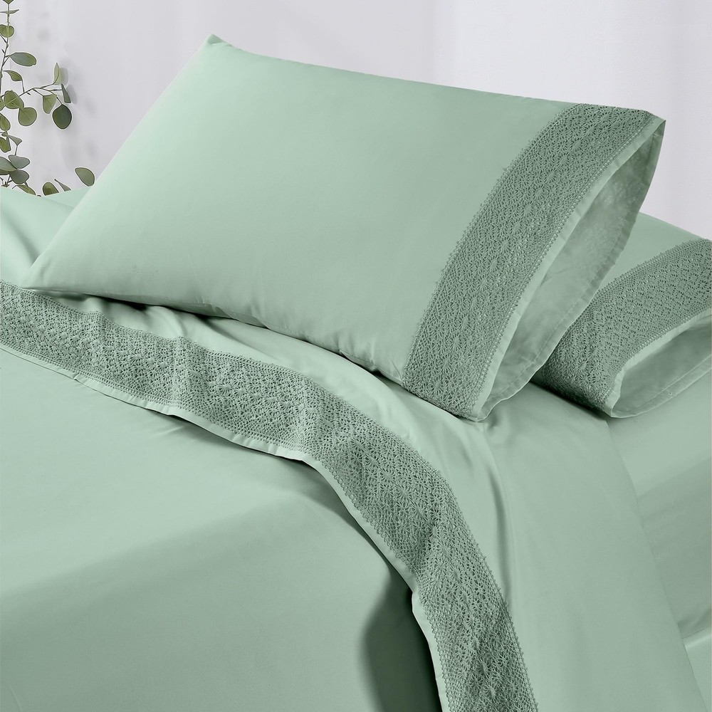 4 Piece Microfiber Sheet Set – Soft Cooling Bed Sheets with Crochet Lace – De...