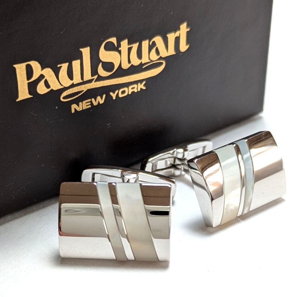 Psc478 Paul Stuart Cufflinks Silver Pearl White Double Line Shell