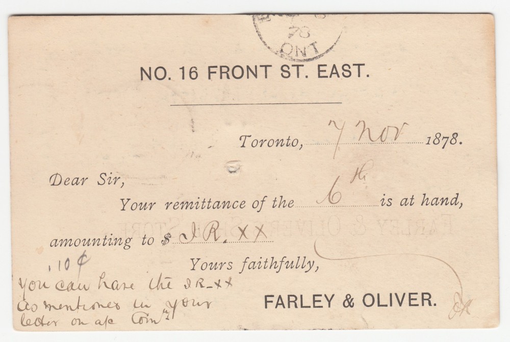 CANADA 1878 1c blue Post Card with TORONTO DUPLEX