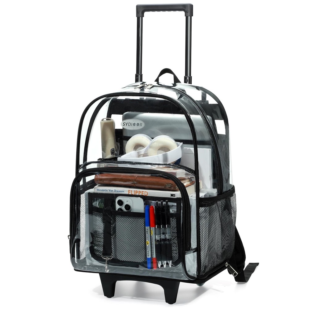Rolling Clear Backpack Heavy Duty, 3-Stage Telescopic Handle Transparent Book...