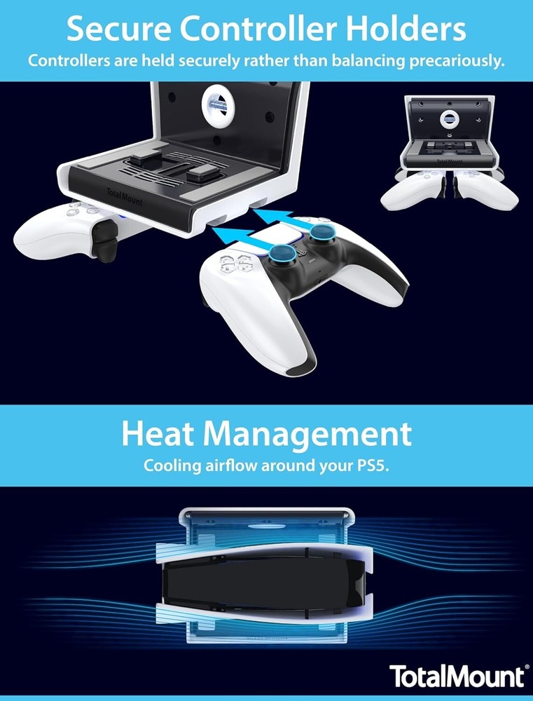 PS5 Universal Wall Mount with Controller Storage - Easy Drill-Free Installation