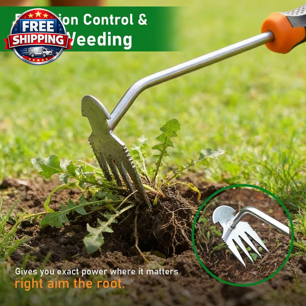 Weed Puller Tool, 2-In-1 Hand Weeder Tool with 4 Sharp Tines & Blade, Manganese
