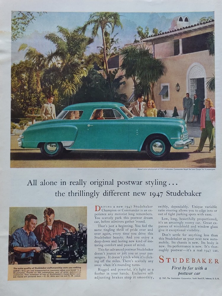 1947 vintage Studebaker print ad. Thrillingly different new 1947 Studebaker.