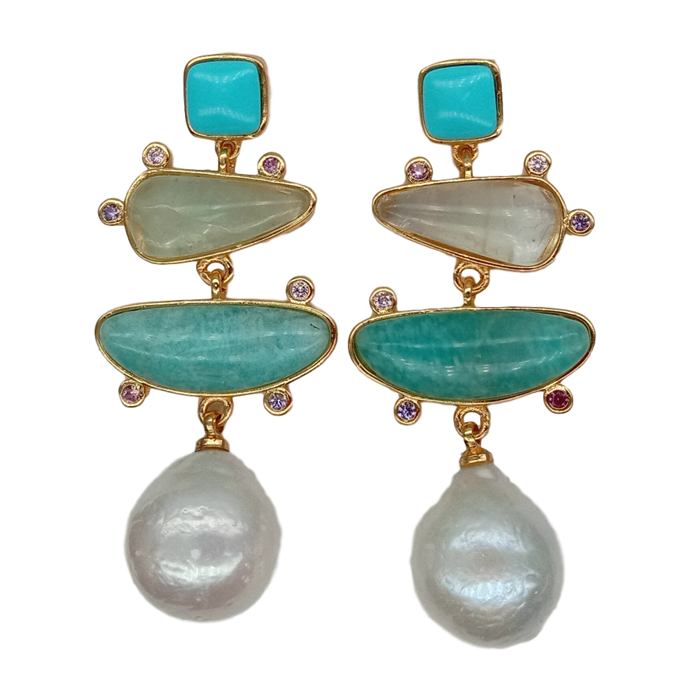 Freshwater White Pearl Blue Turquoise Green Amazonite Dangle Stud Earrings