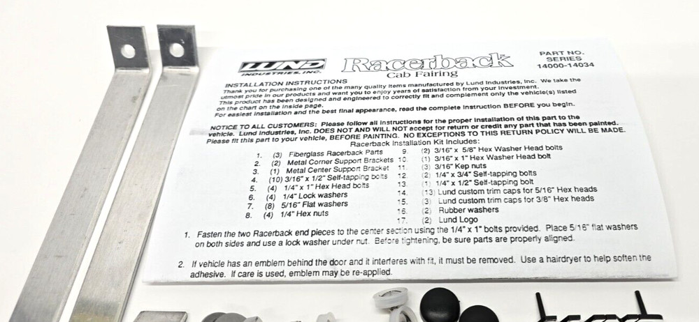 Lund Racerback Bed Cab Fairing Install Hardware Brackets Emblems Screws Caps