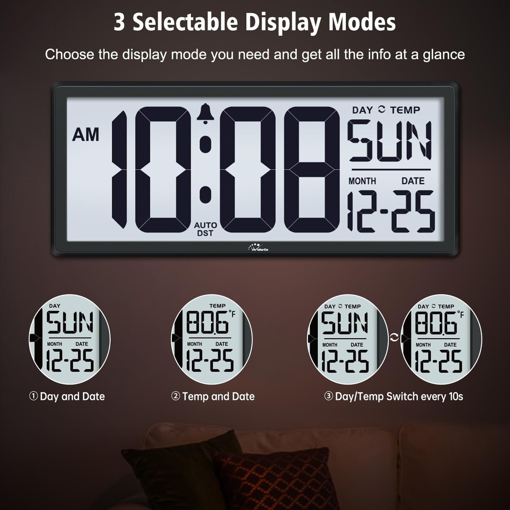 WallarGe Backlight Digital Wall Clock Battery Operated - with Temperature and...
