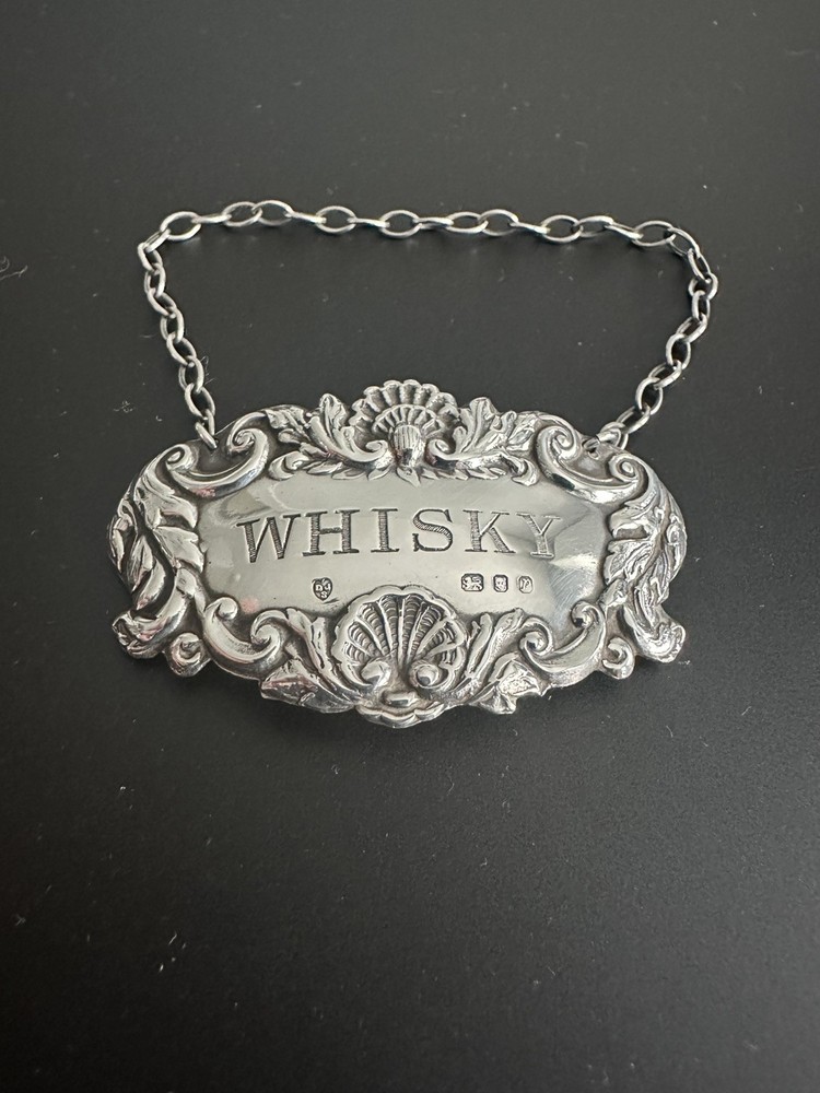 Solid Silver Rococo Style Whisky Decanter Wine Label D J Silver London 1972