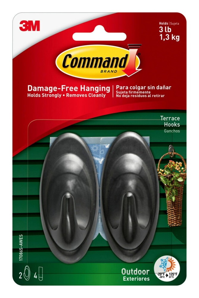 Command Outdoor Terrace Hooks, 2 Hooks and 4 Strips, Medium, Black