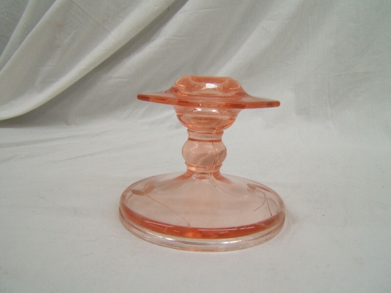 Heisey Pink 'Octagon' Candlestick Holder With Wheel Cut Leaf Pattern VGC