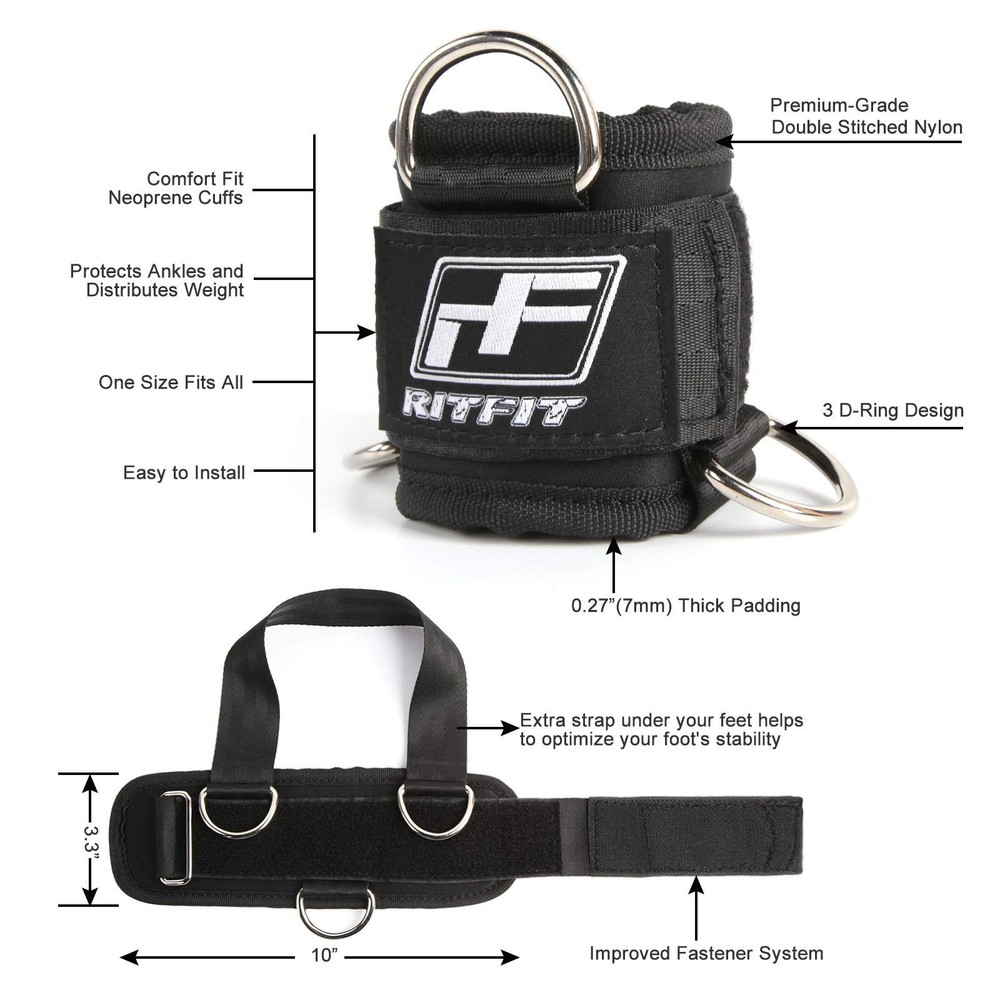RitFit Kickback Ankle Straps Padded Strap for Cable One Size, Black