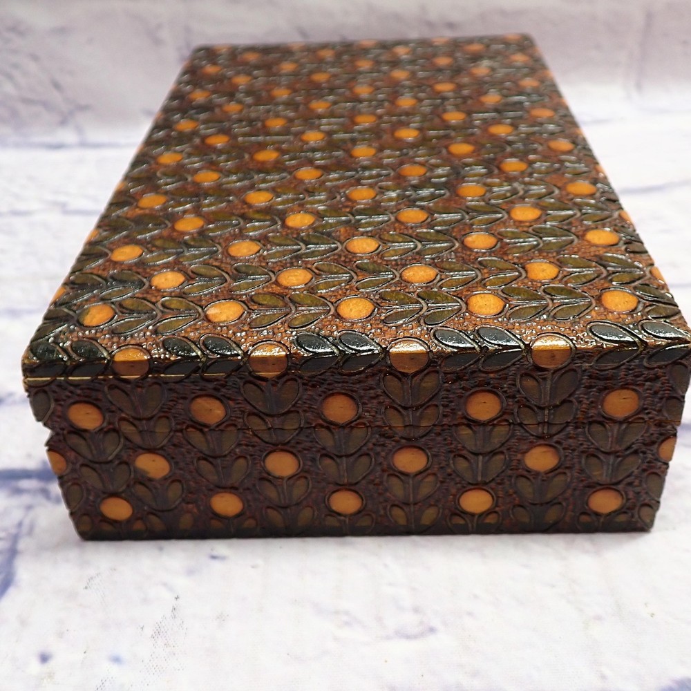 Cpt Ahab's Ltd Wood Keepsake Box Brown Leaf Pattern Rectangular Made In Poland