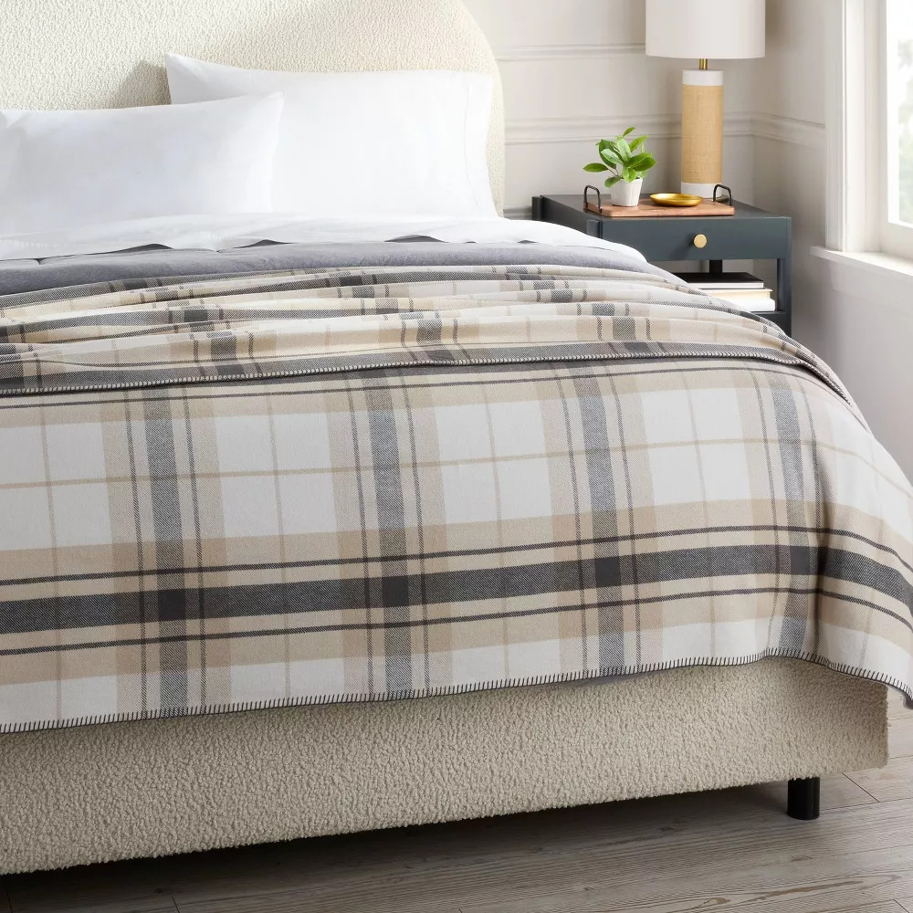 Full/Queen Brushed Cotton Blanket Neutral Plaid - Threshold