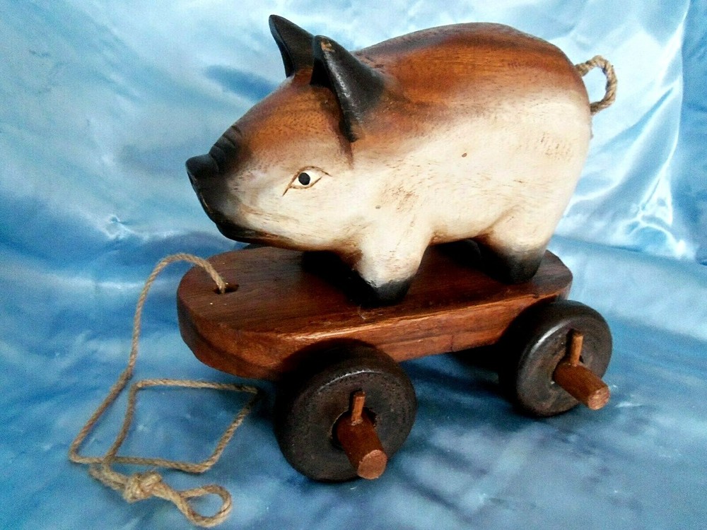 Vintage Antique pull rolling handmade Wood Pig Pull toy