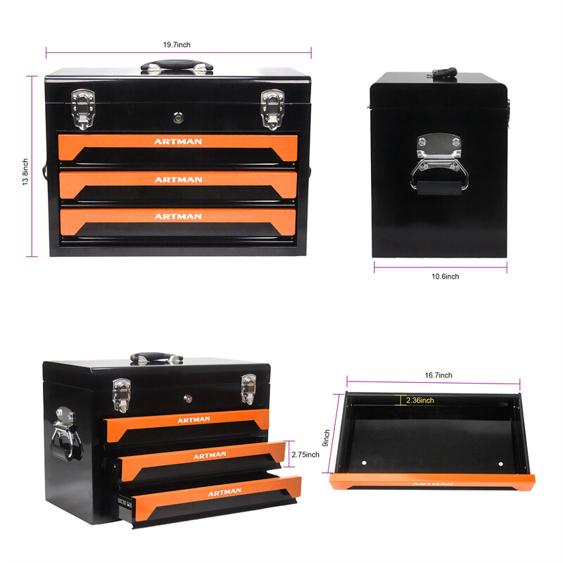 3-Drawer Tool Box with Tool Set Lockable Tool Cabinet with Handle Black & Orange