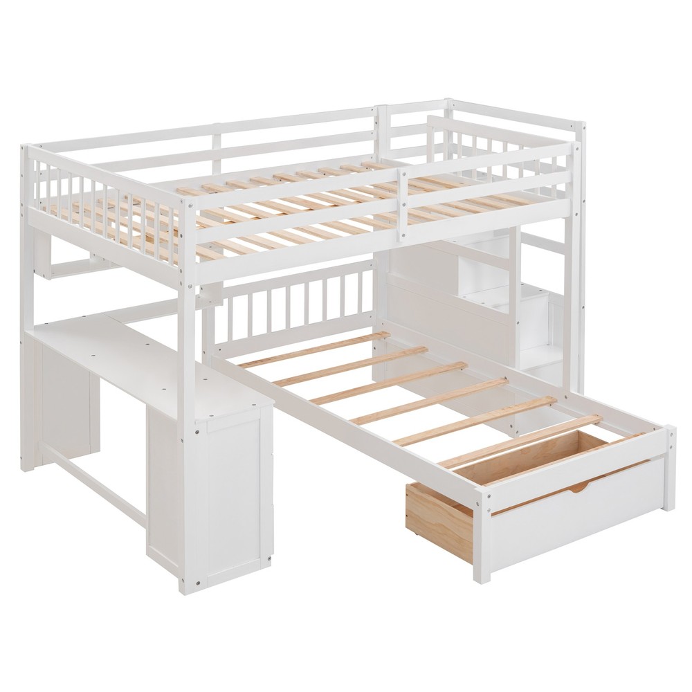 Twin Bunk Bed with Desk, Drawers & Bookcase, White Solid Wood Storage