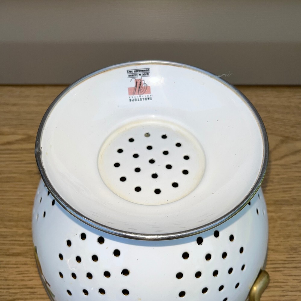 Vintage White Colander Strainer Handles Fruit Cherries Design