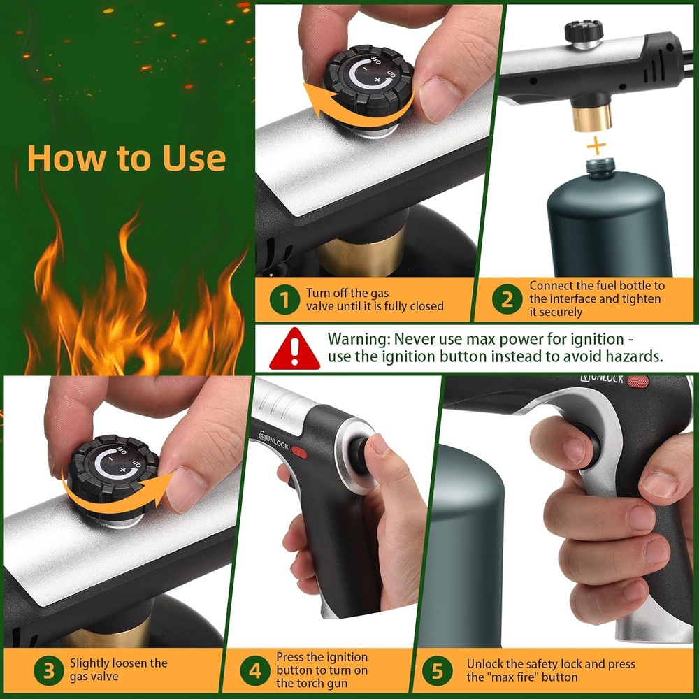 Powerful Propane Torch with One-Touch Max Fire, Adjustable Kitchen Torch with Sa