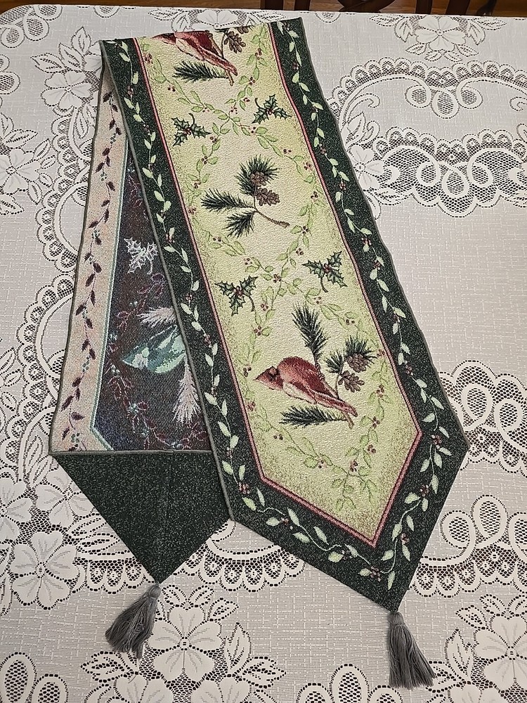 Christmas Cardinals Pine Cones Pointed Table Runner 72"