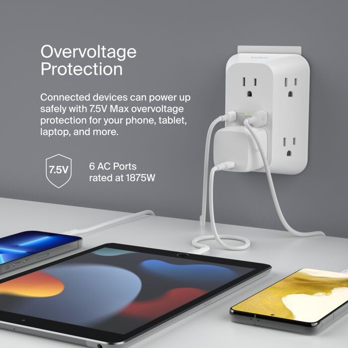 6 Outlet Wall Surge Protector with USB-C and USB-A, White