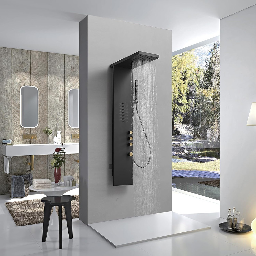 Black Stainless Steel Shower Panel with Rainfall, Jets & Handheld 3-Functions