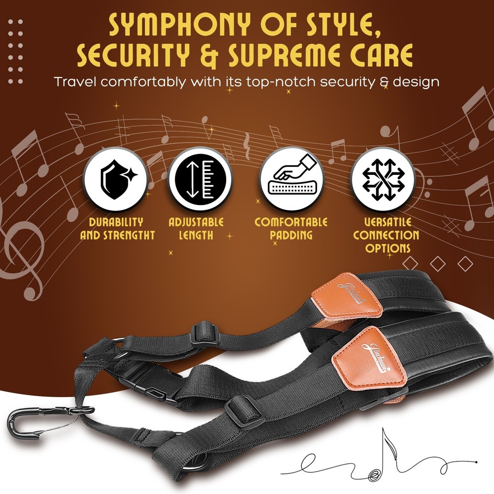 Professional Saxophone Shoulder Strap w/ Adjustable Chest Harness Design, Black