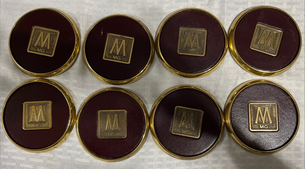 8 Vintage Solid BRASS and Brown LEATHER M MG COASTERS