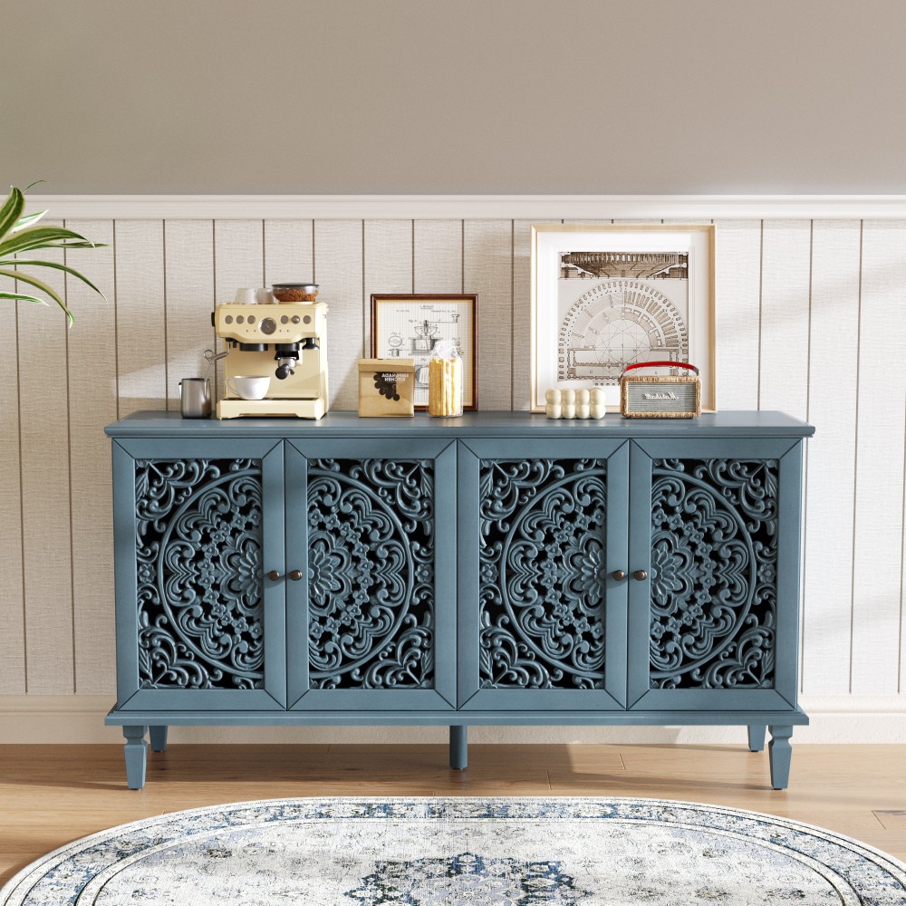 Vintage Sideboard with Solid Wood Legs, Handles, and Adjustable Shelves