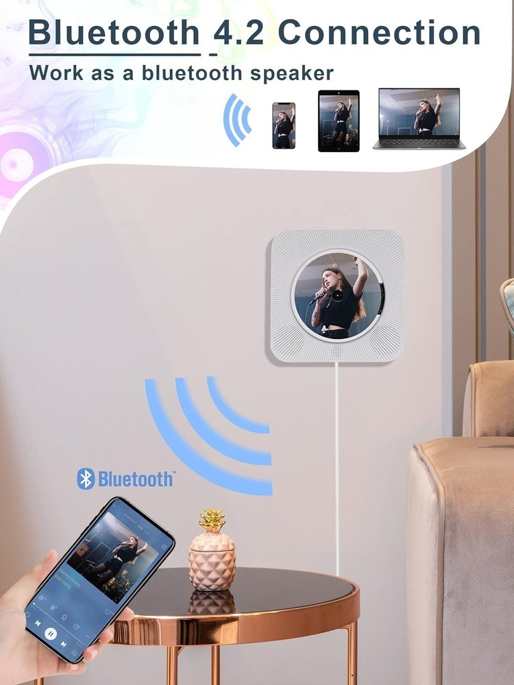Portable Wall-Mounted Bluetooth CD Player with HiFi Speakers & Remote Control