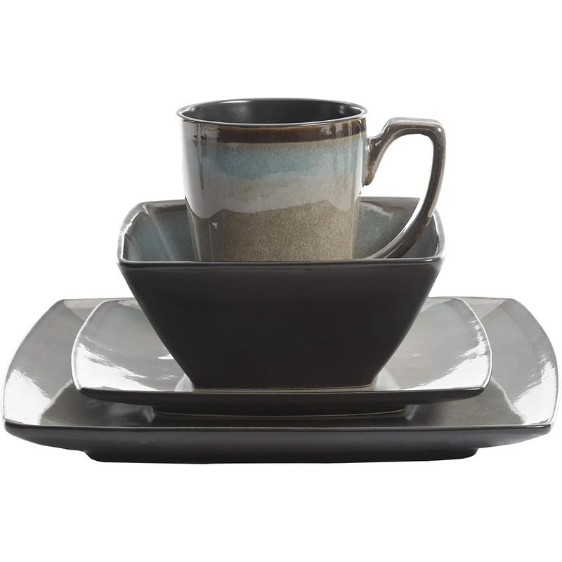 Square Stoneware Dinnerware Set Service 4 Dishwasher Safe Unique Reactive Glaze