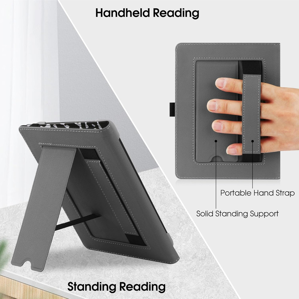 Universal Case for 6" Ereaders, Folio Leather Stand Cover with Handstrap Compati
