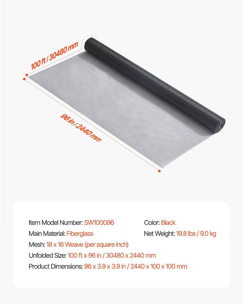 100ft x 96in Window Screen Mesh Replacement Roll - DIY Adjustable Frame