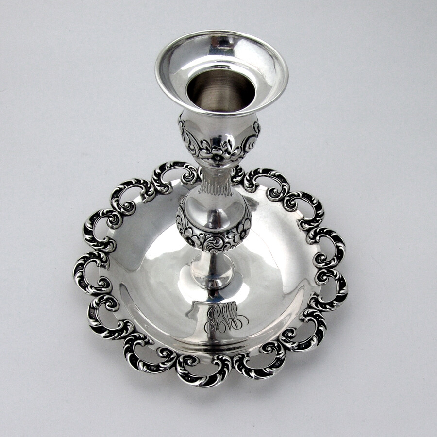 Openwork Scroll Floral Chamberstick Mauser Sterling Silver Mono SW