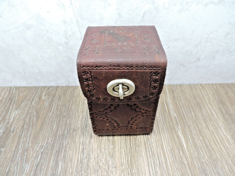 Brown Tooled Leather Rectangular Belt Box w/Latch 3"x5"x3"