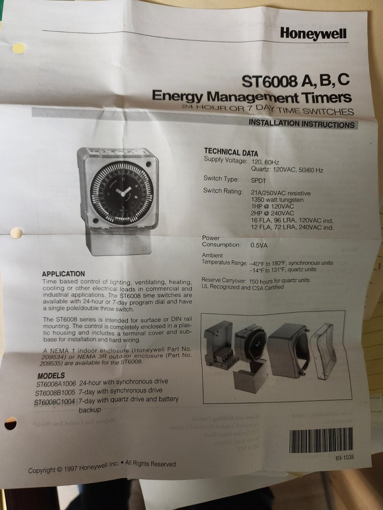 Honeywell ST7009A1003 24 Hour / 7 Day Electronic Timeswitch New Old Stock